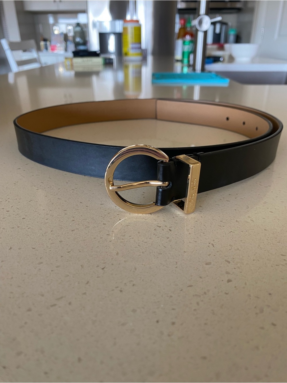 kate spade Black Leather Belt with Gold Round Buckle Accent